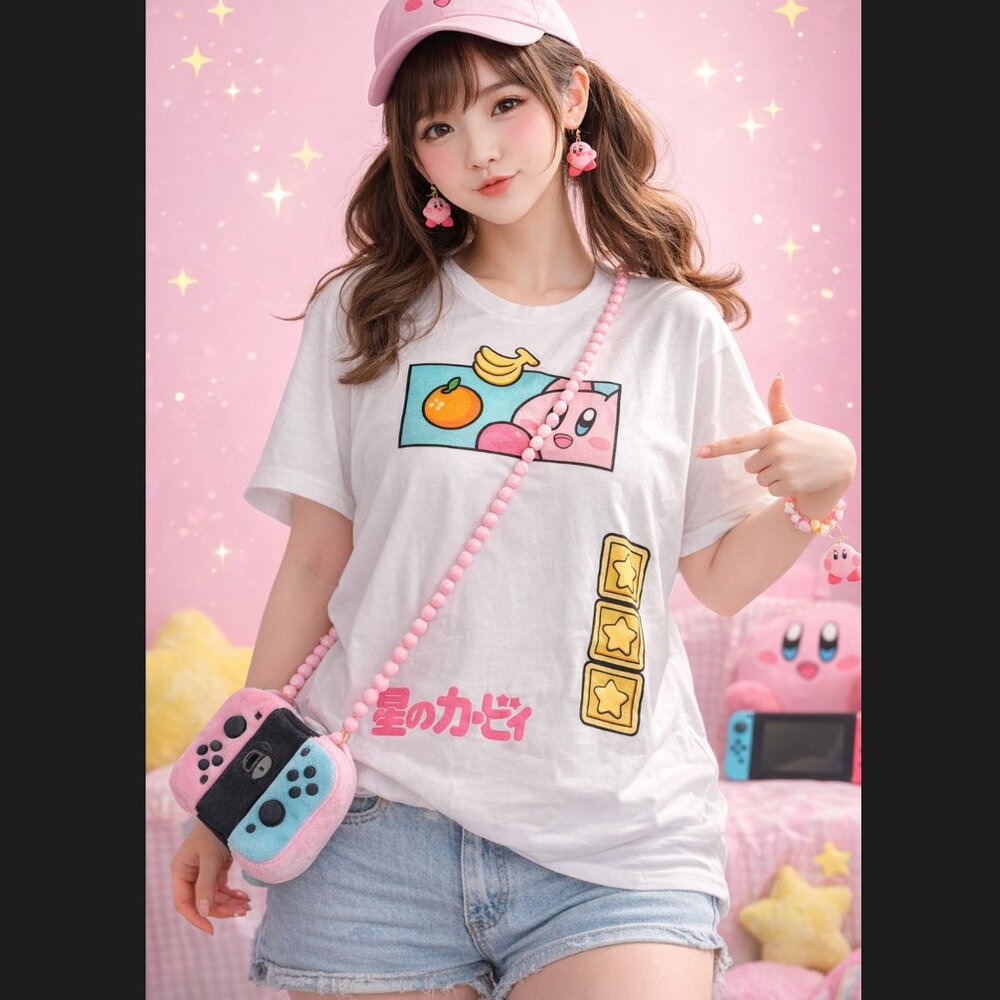 Nintendo Kirby Banana Graphic Shirt XL White Japanese Puffy Print Gamer Anime - Picture 1 of 10